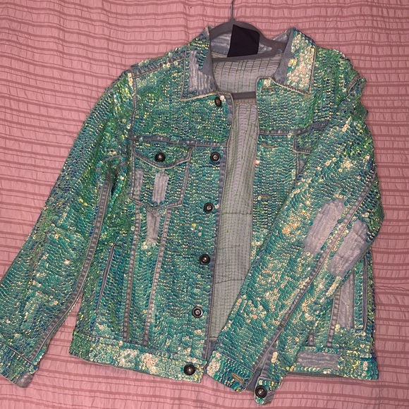SEQUIN EMBROIDERED DENIM JACKET DEMI X FREE PEOPLE - Picture 2 of 8